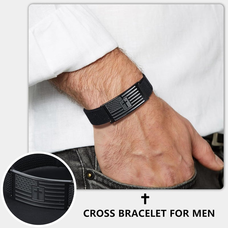 LDOWWGL Valentines Day Gifts - Mens Bracelet - American Flag Christian Cross Bracelet for Boys - Adjustable Black Elastic Stretch Strap with Bible Verse - Gift for Son Grandson - Image 3